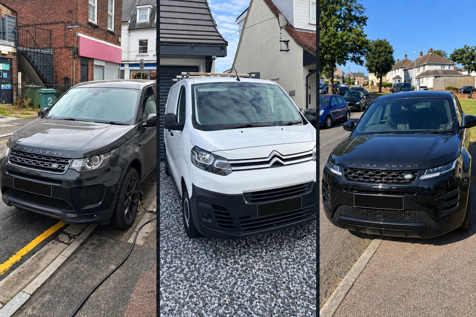 DPF cleaning visits: Land Rover Discovery, Citroën van and Range Rover, with number plates covered