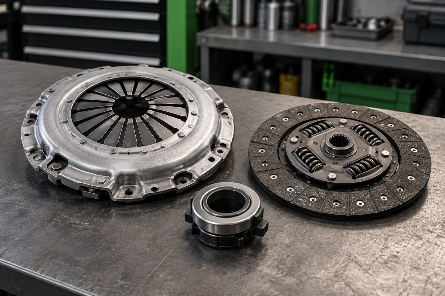 Illustration of a clutch pressure plate, friction disc and release bearing
