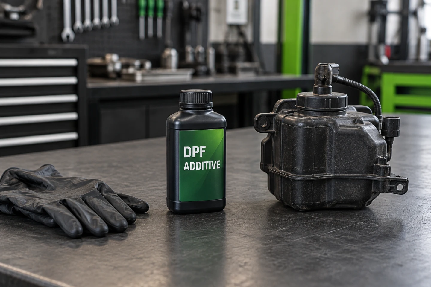 Illustration of DPF additive fluid and an additive reservoir
