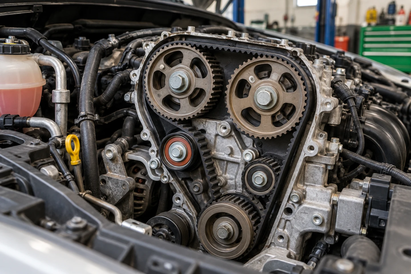 Illustration of an exposed engine timing belt and sprockets